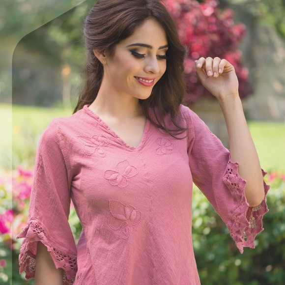 Hand embroidered, Lace Top, Crinkle Cotton Blouse. - Picture 2 of 6